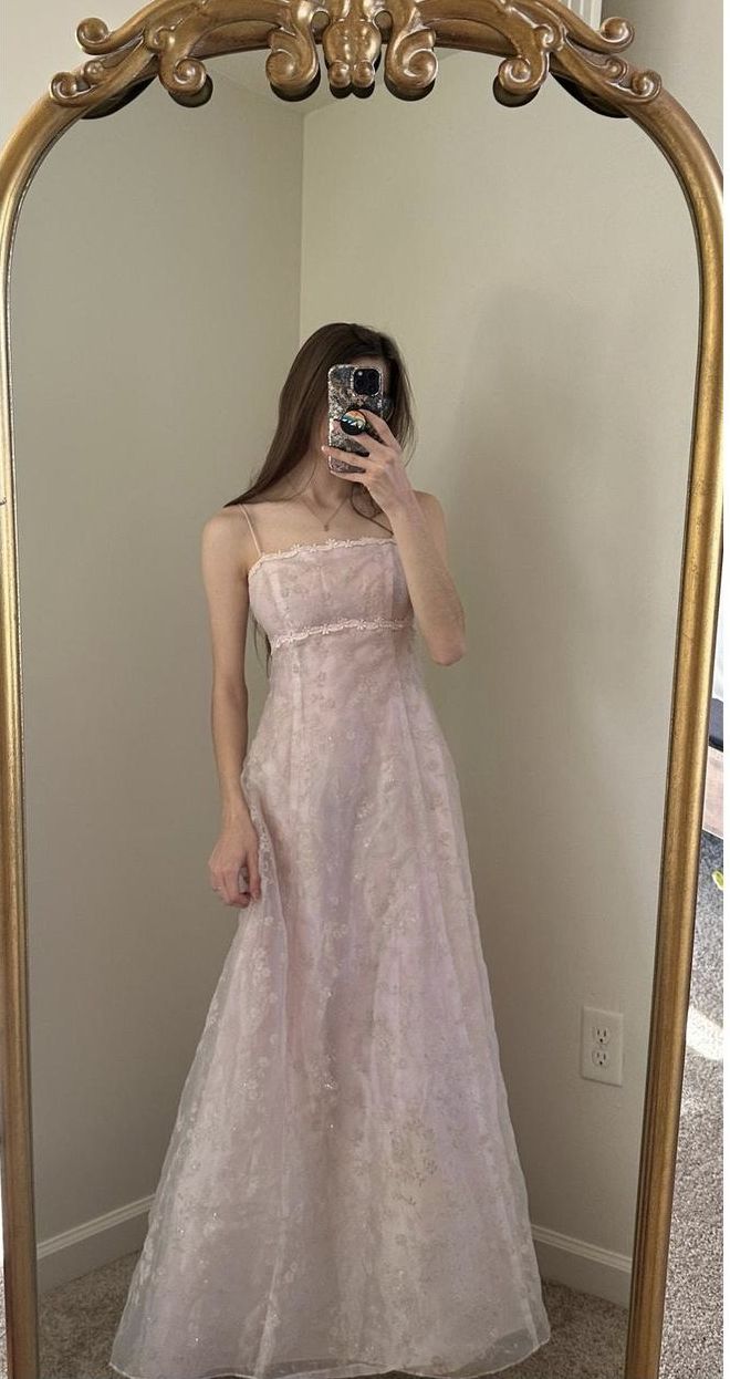 Sweet Light Pink A-Line Spaghetti Strap Square Neck Lace Long Prom Dress Evening Dress