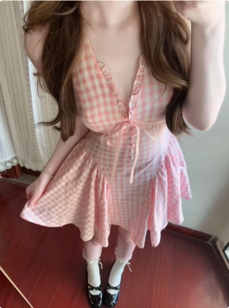 Cute V-Neck Lace Bow Plaid Pleated Birthday Skirt Homecoming Dress - FashionDia