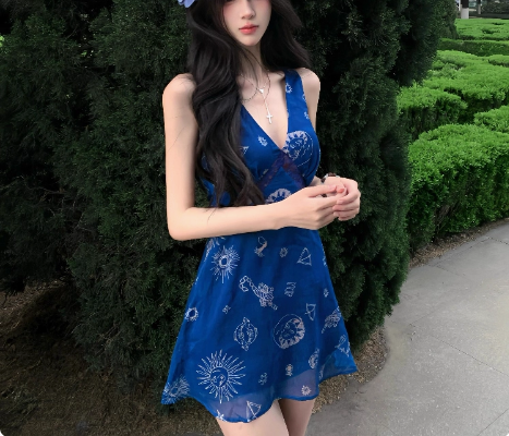 Retro V-Neck Printed Mesh Suspenders Birthday Short Skirt Homecoming Dress - View 2 | FashionDia