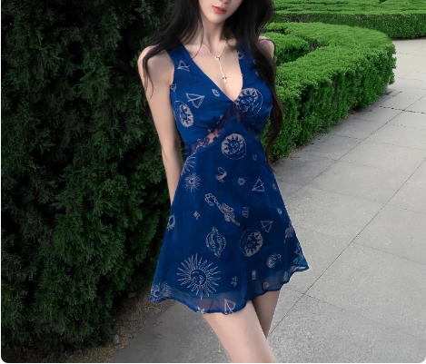 Retro V-Neck Printed Mesh Suspenders Birthday Short Skirt Homecoming Dress - View 4 | FashionDia
