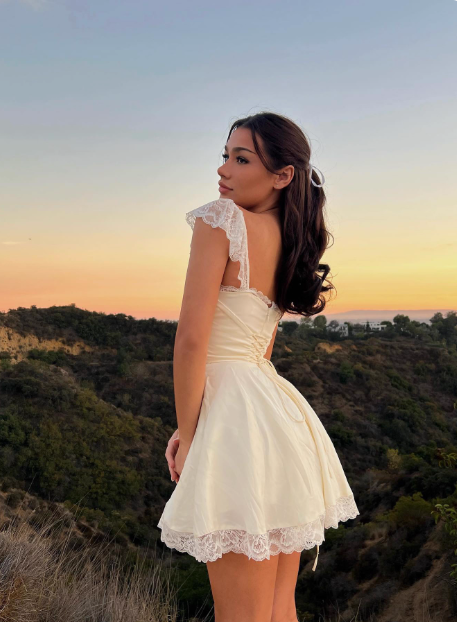 Sweet Ivory Satin Lace Trim Square Neck A-Line Birthday Dress Homecoming Dress - View 5 | FashionDia