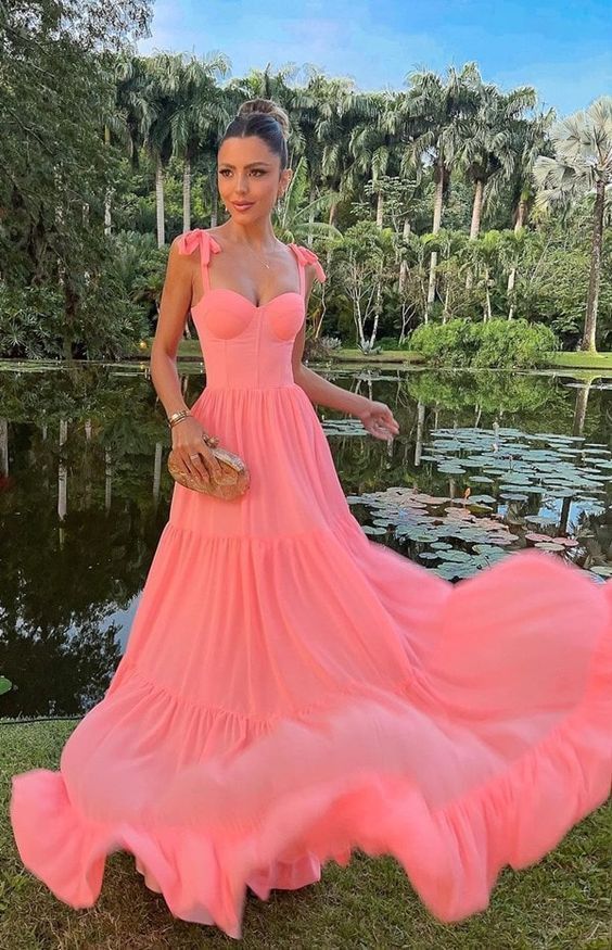 Elegant Coral Pink A-line Bow Strap Ruffled Chiffon Long Prom Dress Evening Dress