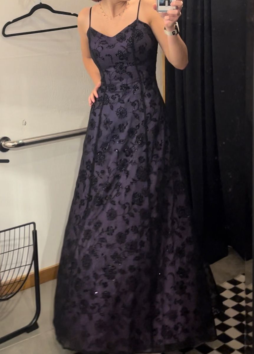 Vintage Deep Purple A-Line Spaghetti Strap Backless Embroidered Mesh Long Prom Dress Evening Dress