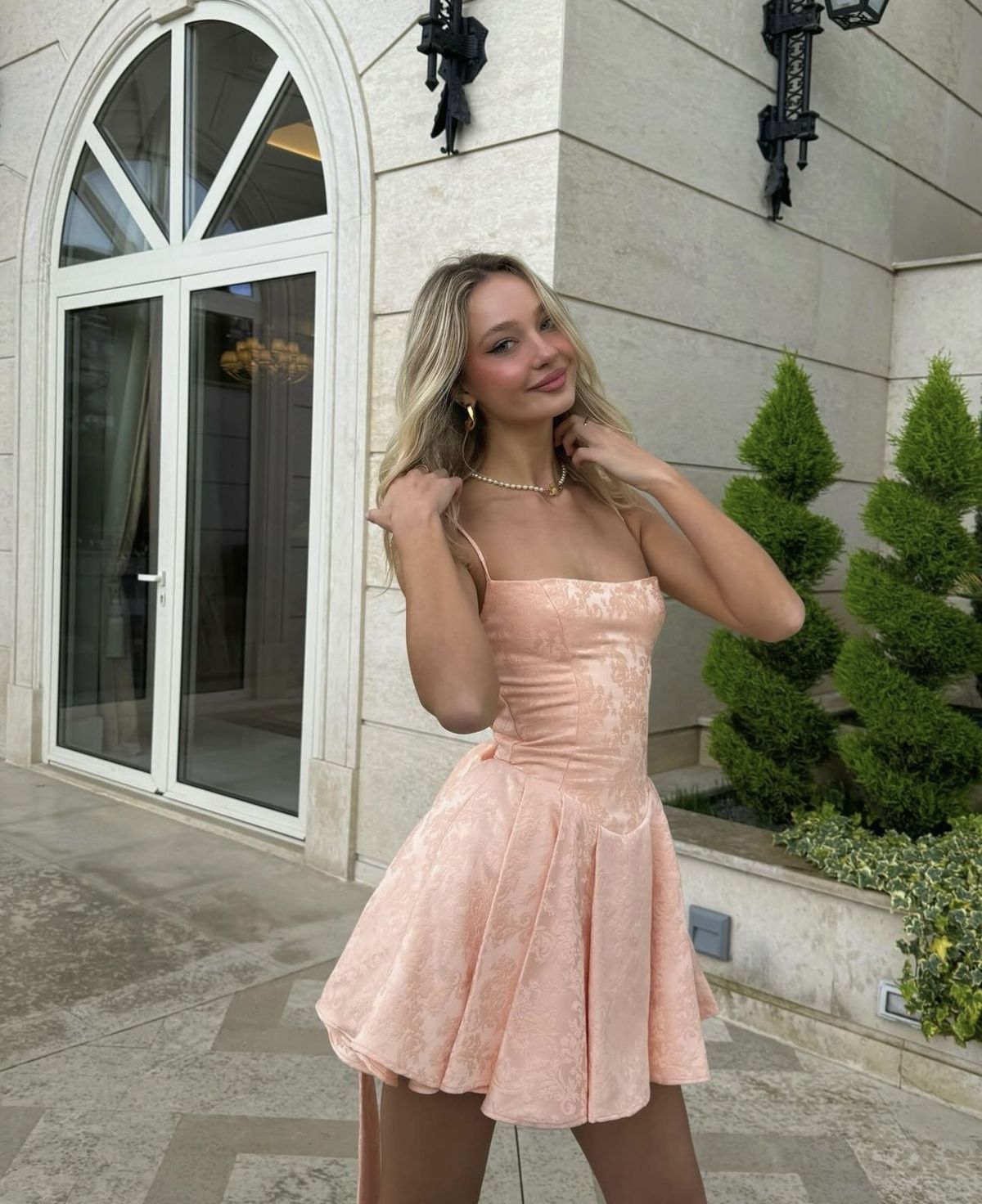 Sweet Light Pink Spaghetti Strap Jacquard Satin A-line 16th Birthday Homecoming Dress