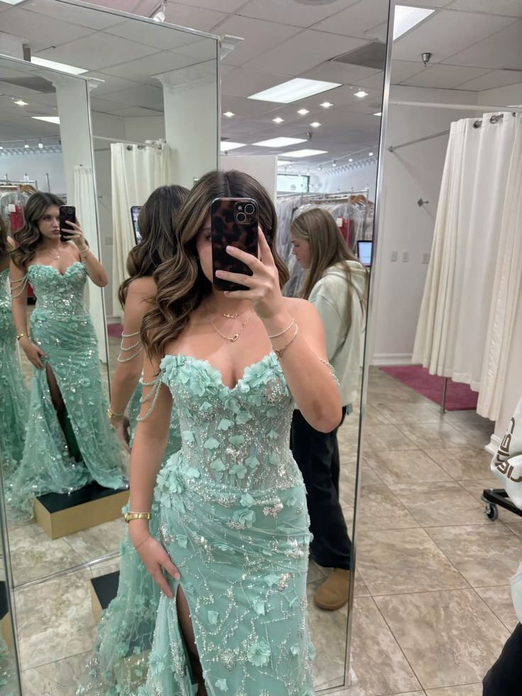 Beautiful Mint Green Mermaid Sweetheart Neckline 3D Floral High Slit Tulle Long Prom Dress Evening Dress