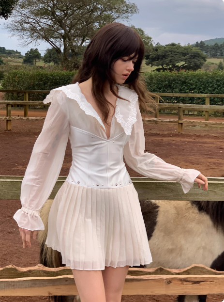 French Long Sleeve V Neck Lace Satin Pleated Birthday Short Skirt Homecoming Dress