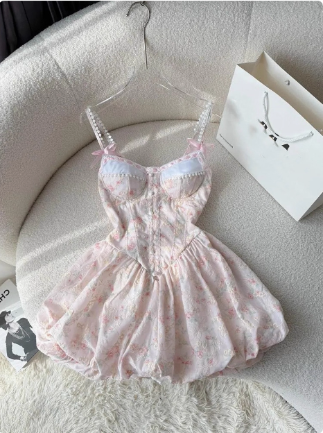 Sweet Pink Floral Sling Flower Bud Birthday Short Skirt Homecoming Dress - FashionDia