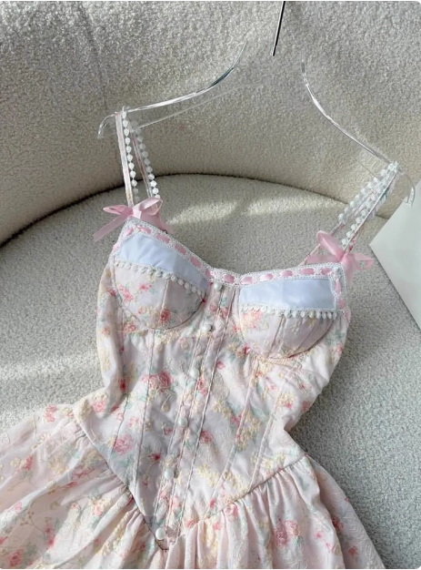 Sweet Pink Floral Sling Flower Bud Birthday Short Skirt Homecoming Dress - View 3 | FashionDia