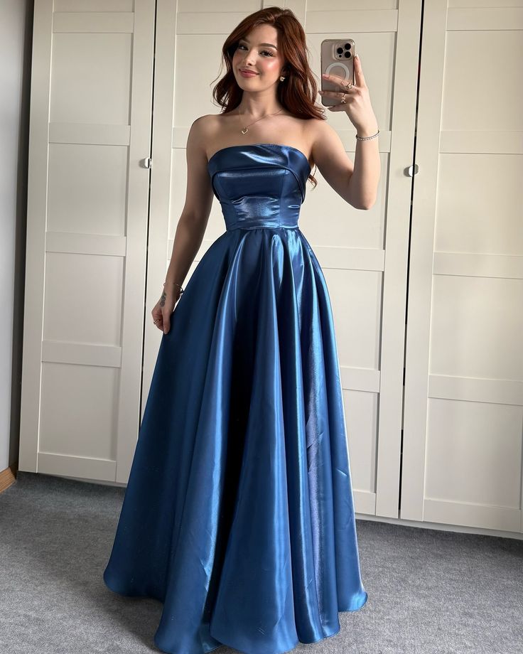 Elegant Royal Blue A-Line Strapless Ribbon Satin Long Prom & Evening Dress Bridesmaid Dress - View 3 | FashionDia