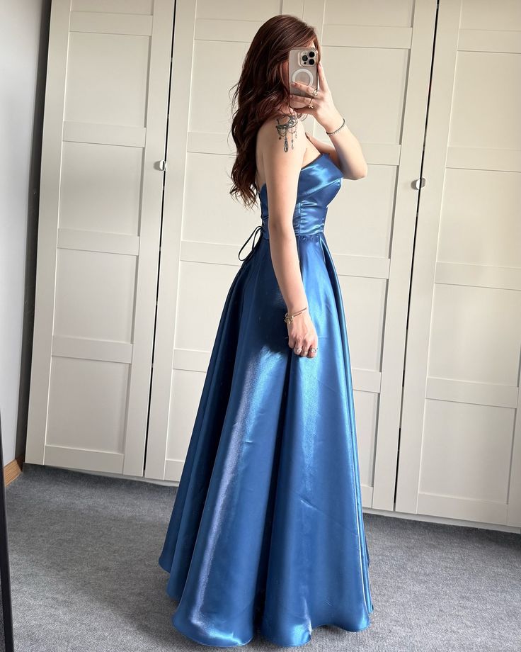 Elegant Royal Blue A-Line Strapless Ribbon Satin Long Prom & Evening Dress Bridesmaid Dress - View 4 | FashionDia