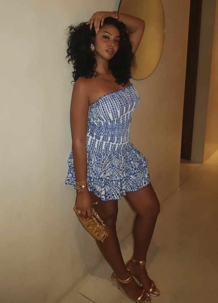 Pretty Blue Printed Tube Top Mini Birthday Skirt Homecoming Dress - View 3 | FashionDia