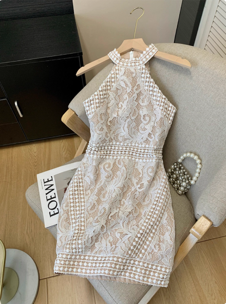 Elegant Sleeveless Halter Neck Lace Waist Hip Birthday Dress Homecoming Dress