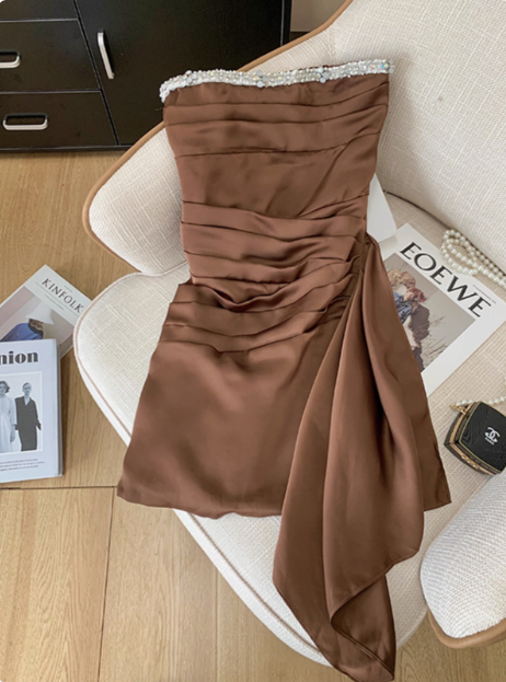 Elegant Brown Strapless Ribbon Diamond Birthday Short Skirt Homecoming Dress