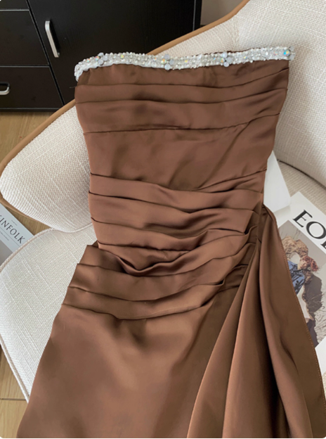 Elegant Brown Strapless Ribbon Diamond Birthday Short Skirt Homecoming Dress - View 5 | FashionDia