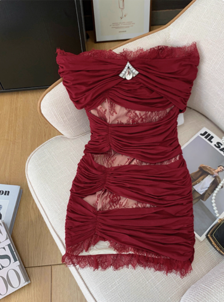 Sexy Red One-Shoulder Lace Hip Birthday Dress Homecoming Dress - View 2 | FashionDia