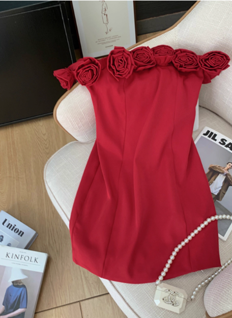 Stunning Red Rose One Shoulder Satin Hip Birthday Short Skirt Homecoming Dress