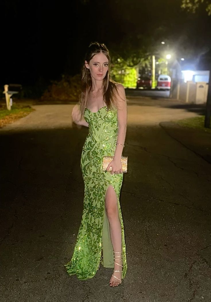 Beautiful Bright Green Mermaid Slit Sequined Long Prom Dress Evening Dress