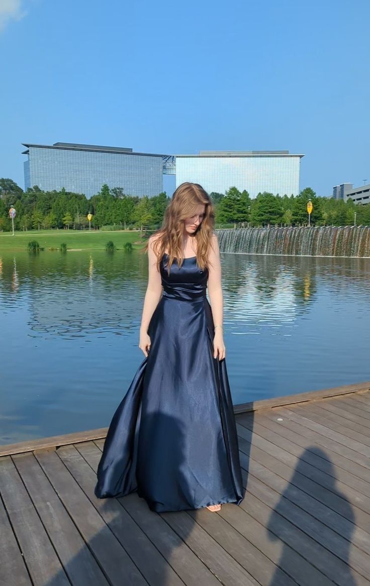 Elegant Navy Blue A-line Strapless Satin Long Prom Dress Evening Dress Bridesmaid Dress
