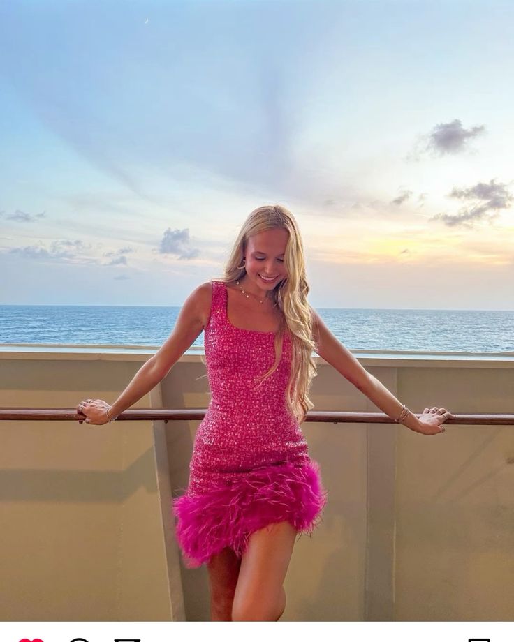 Gorgeous Bright Pink Square Neck Feather Skirt Sequin Slim Birthday Party Homecoming Dress - View 3 | FashionDia