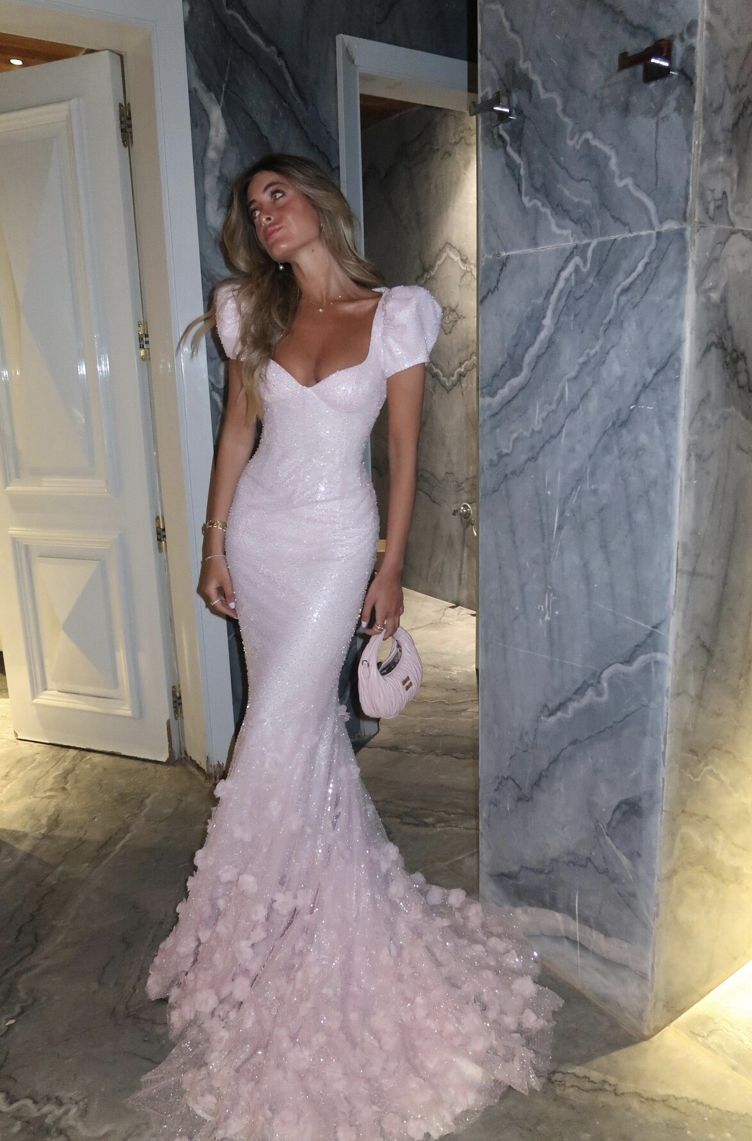 Sweet Princess Light Pink Mermaid Puff Sleeve 3D Floral Tulle Train Prom & Evening Dress - FashionDia