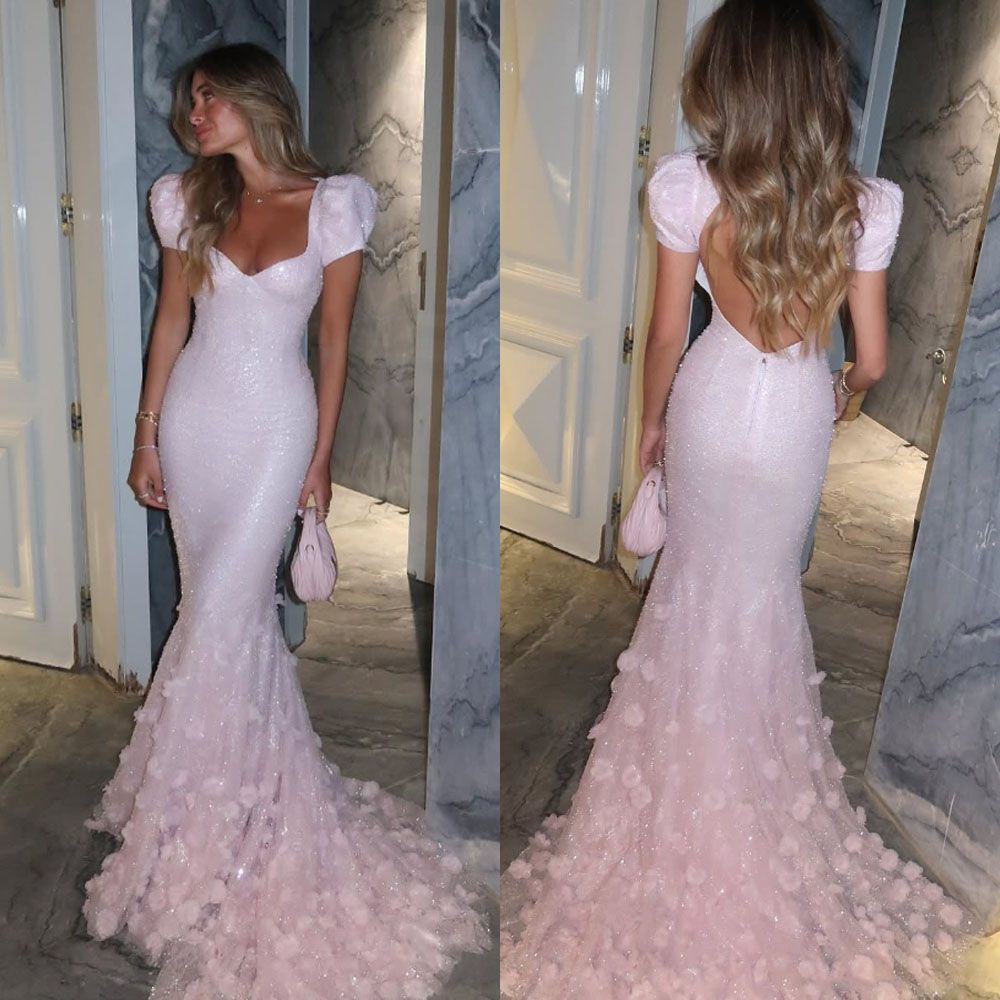 Sweet Princess Light Pink Mermaid Puff Sleeve 3D Floral Tulle Train Prom & Evening Dress - View 3 | FashionDia