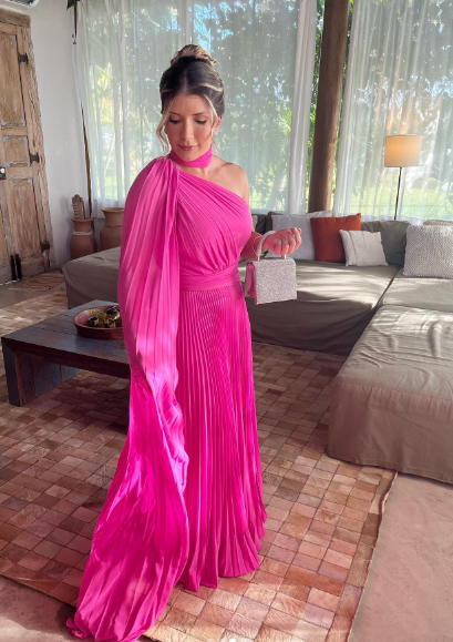 Elegant Bright Pink A-line Long Sleeve One Shoulder High Collar Chiffon Long Prom Dress Evening Dress