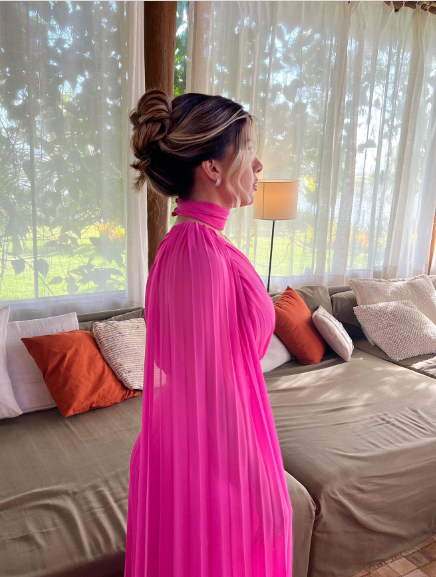 Elegant Bright Pink A-Line Long Sleeve One-Shoulder High Collar Chiffon Long Prom & Evening Dress - View 3 | FashionDia