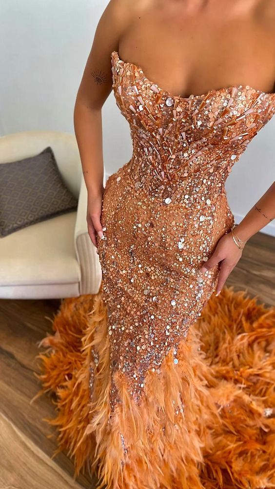 Vintage Orange Mermaid Sweetheart Neckline Feather Sequin Beaded Train Prom Dress Evening Dress - VelvetHem