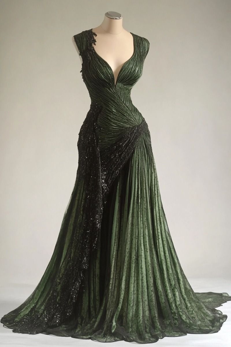 Vintage Green A-line Deep V-Neck Pleated Tulle Long Prom Dress Evening Dress