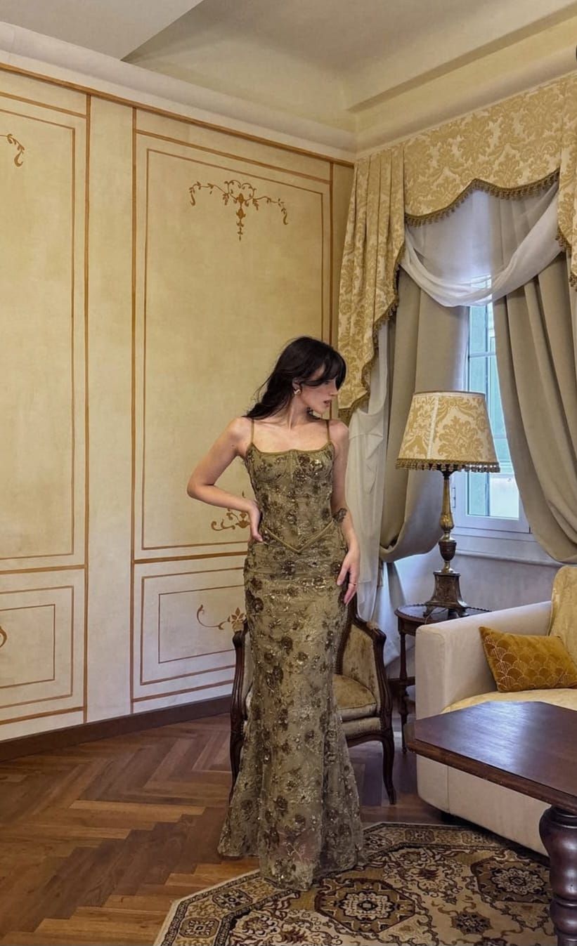 Vintage Olive Gold-Brown Mermaid Spaghetti Strap Sequined Embroidered Long Prom & Evening Dress - View 2 | FashionDia
