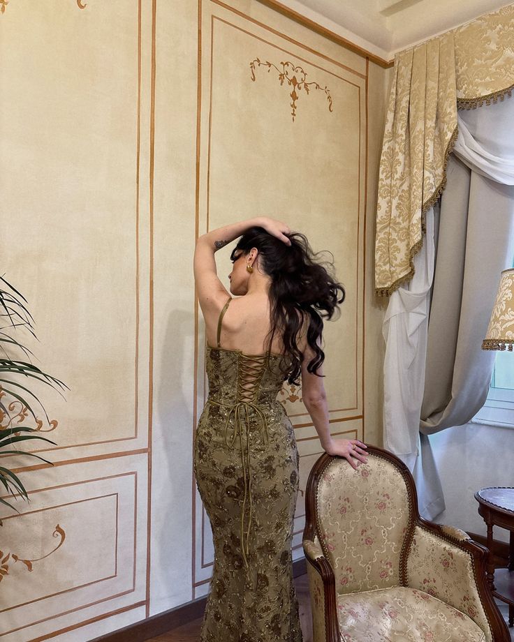 Vintage Olive Gold-Brown Mermaid Spaghetti Strap Sequined Embroidered Long Prom & Evening Dress - View 5 | FashionDia