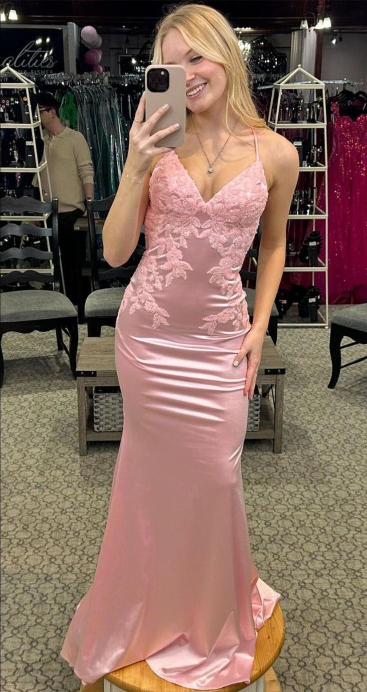 Elegant Pink Mermaid V-neck Halter Neck Lace Satin Long Prom Dress Evening Dress Bridesmaid Dress - VelvetHem