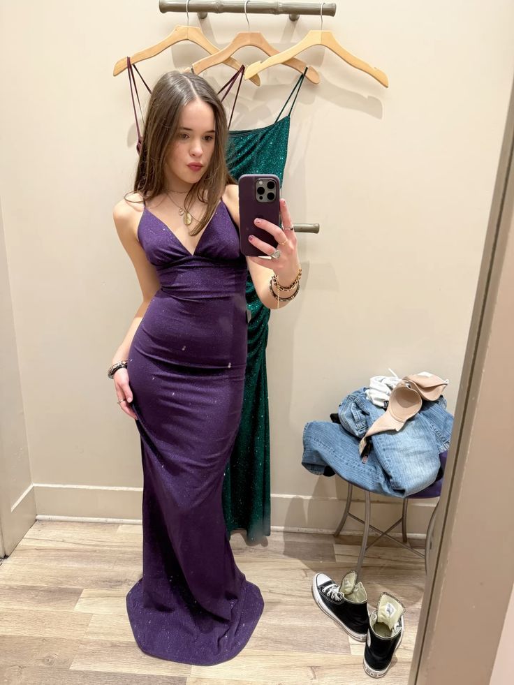 Sexy Deep Purple Mermaid Deep V Spaghetti Strap Glitter Long Prom Dress Evening Dress - VelvetHem