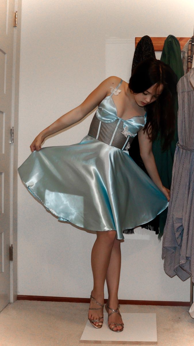 Elegant Light Bue Waist Satin A-Line Birthday Party Homecoming Dress - View 2 | FashionDia
