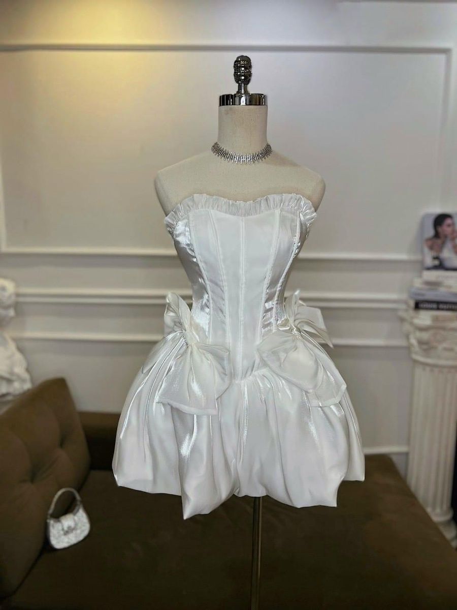 Sweet White Tube Top Collar Bow Bud Satin Birthday Party Homecoming Dress