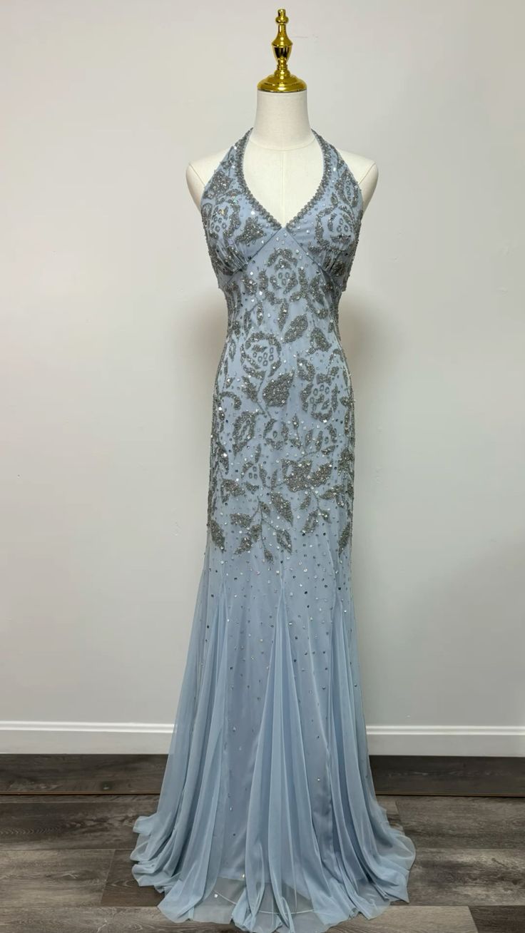Elegant Light Misty Blue Mermaid Halter Neck Deep V-Neck Beaded Chiffon Long Prom & Evening Dress - FashionDia