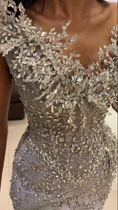 Luxurious White Mermaid Deep V Full Diamond Crystal Satin Long Prom & Evening Dress - View 4 | FashionDia