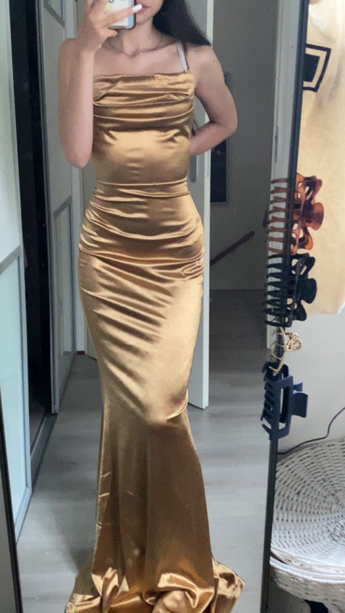 Elegant Gold Mermaid Satin Long Prom & Evening Dress Bridesmaid Dresscc5142 - View 2 | FashionDia