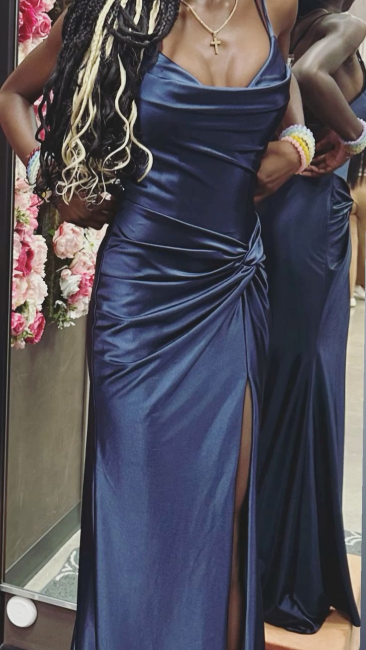 Elegant Navy Blue Twisted Spaghetti Strap Slit Satin Long Prom Dress Evening Dress - VelvetHem