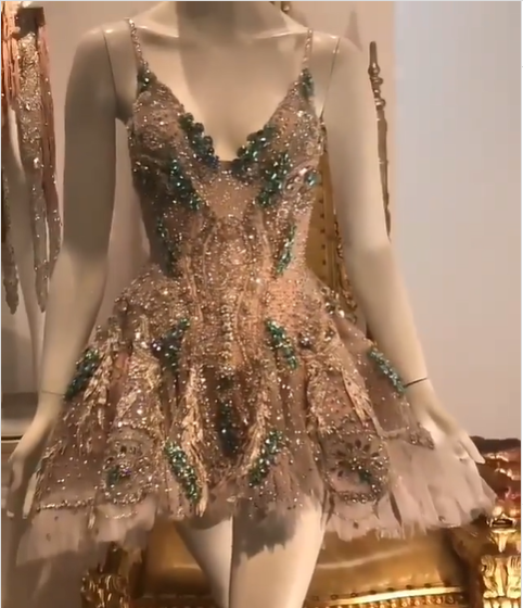 Luxury Champagne Gold Deep V-Neck Strap Diamond Mesh A-Line Birthday Dress Homecoming - View 3 | FashionDia