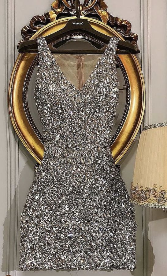 Luxury Sparkling Silver Deep V-Neck Sequin Slim-Fit Birthday Party Homecoming Dress - FashionDia