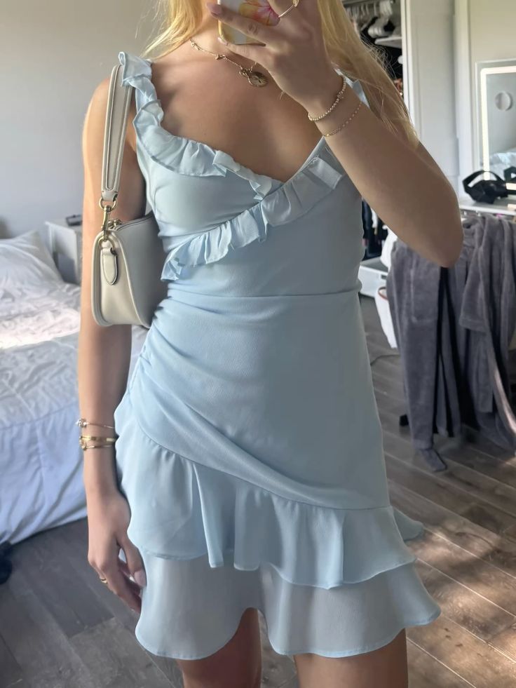 Sweet Light Blue Ruffled Chiffon Irregular 16th Birthday Homecoming Dress