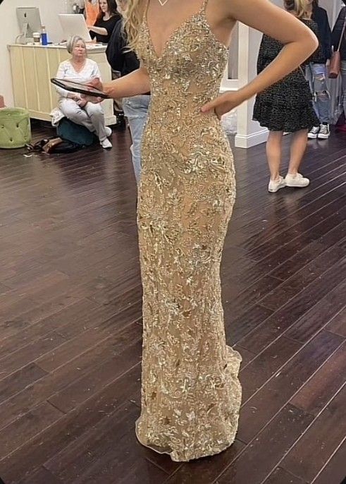 Luxurious Champagne Gold Mermaid V-Neck Spaghetti Strap Sequined Embroidered Long Prom & Evening Dress - View 2 | FashionDia