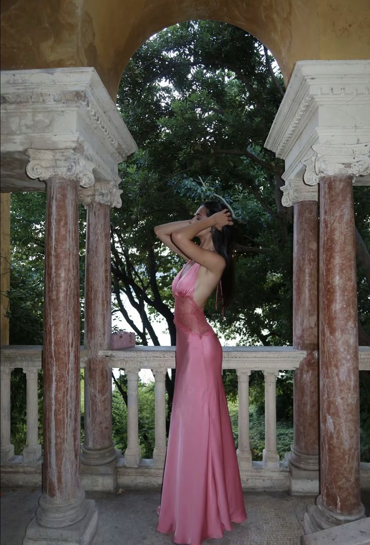 Sexy And Elegant Rose Pink Fitted Halter Neck Backless Lace Satin Long Prom & Evening Dress - FashionDia