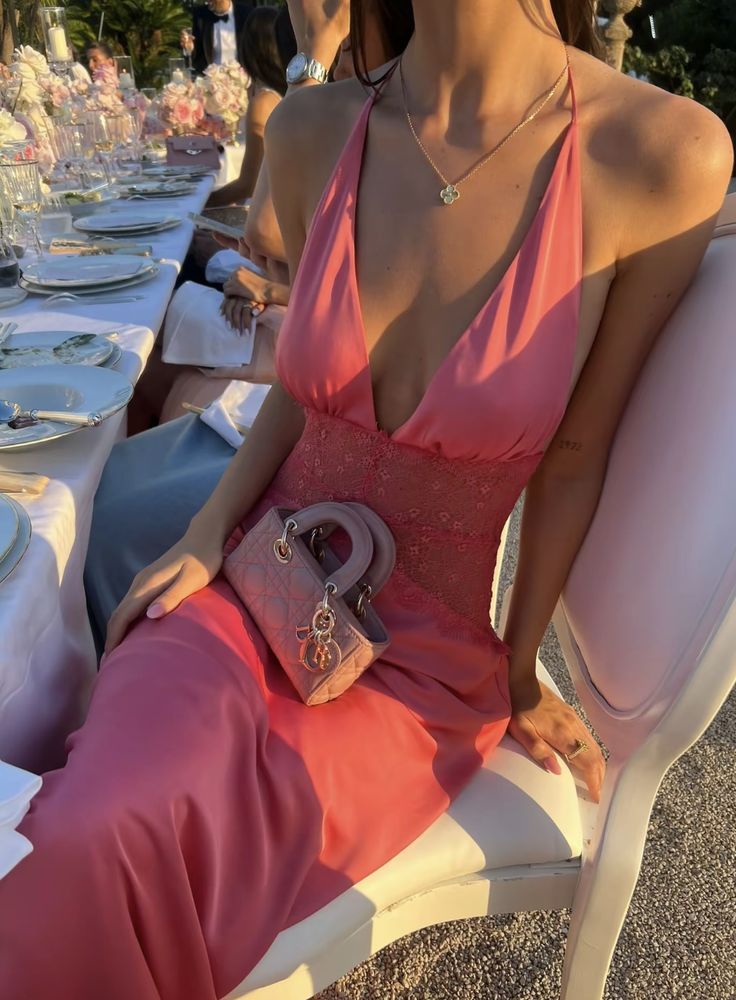 Sexy And Elegant Rose Pink Fitted Halter Neck Backless Lace Satin Long Prom & Evening Dress - View 3 | FashionDia
