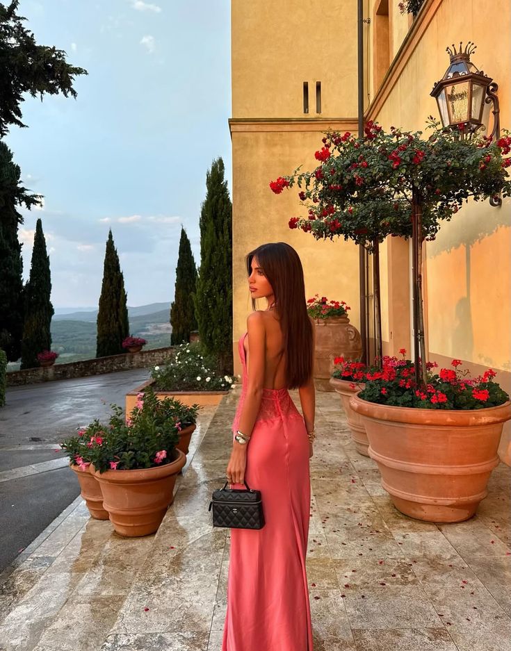 Sexy And Elegant Rose Pink Fitted Halter Neck Backless Lace Satin Long Prom & Evening Dress - View 5 | FashionDia