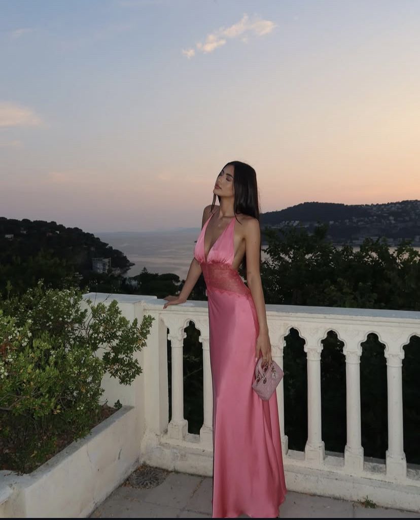 Sexy And Elegant Rose Pink Fitted Halter Neck Backless Lace Satin Long Prom & Evening Dress - View 6 | FashionDia