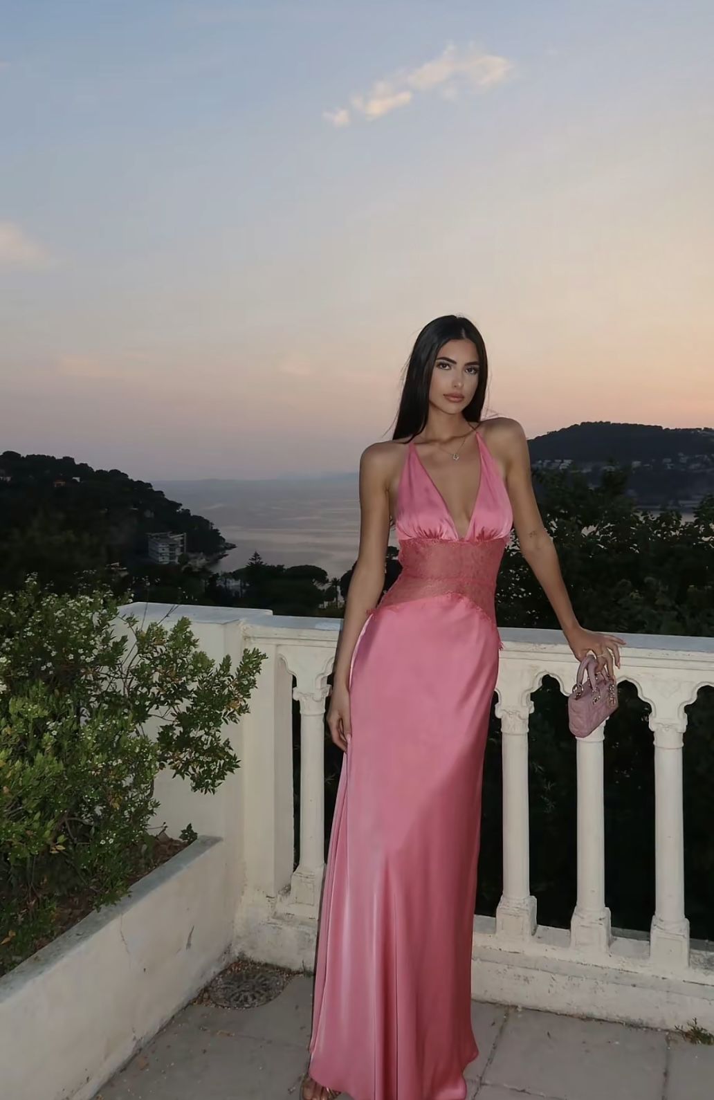 Sexy And Elegant Rose Pink Fitted Halter Neck Backless Lace Satin Long Prom & Evening Dress - View 8 | FashionDia