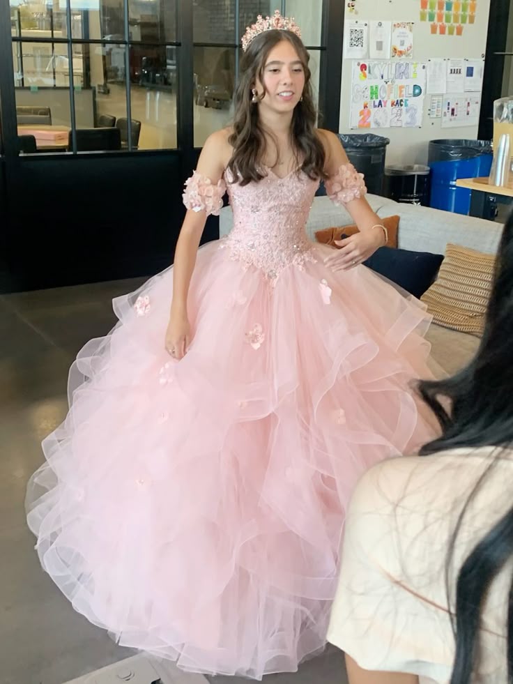 Sweet Princess Light Pink Heart-shaped Neckline 3D Flower Tulle Long Ball Gown Evening Dress Birthday Dress