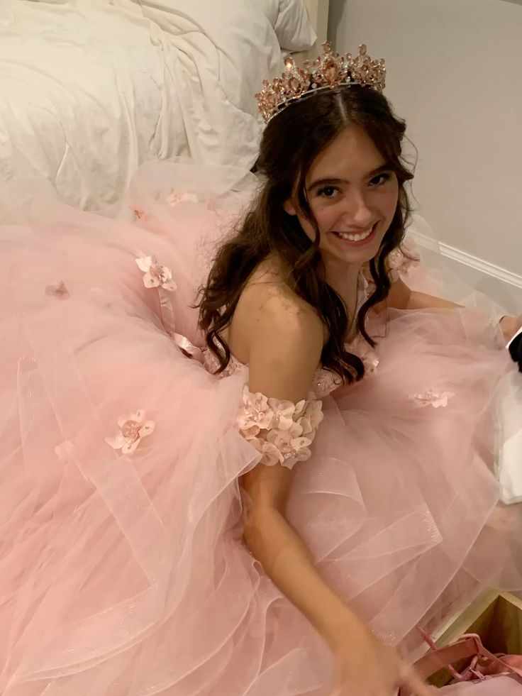 Sweet Princess Light Pink Heart-shaped Neckline 3D Flower Tulle Long Ball Gown Evening Dress Birthday Dress - View 3 | FashionDia